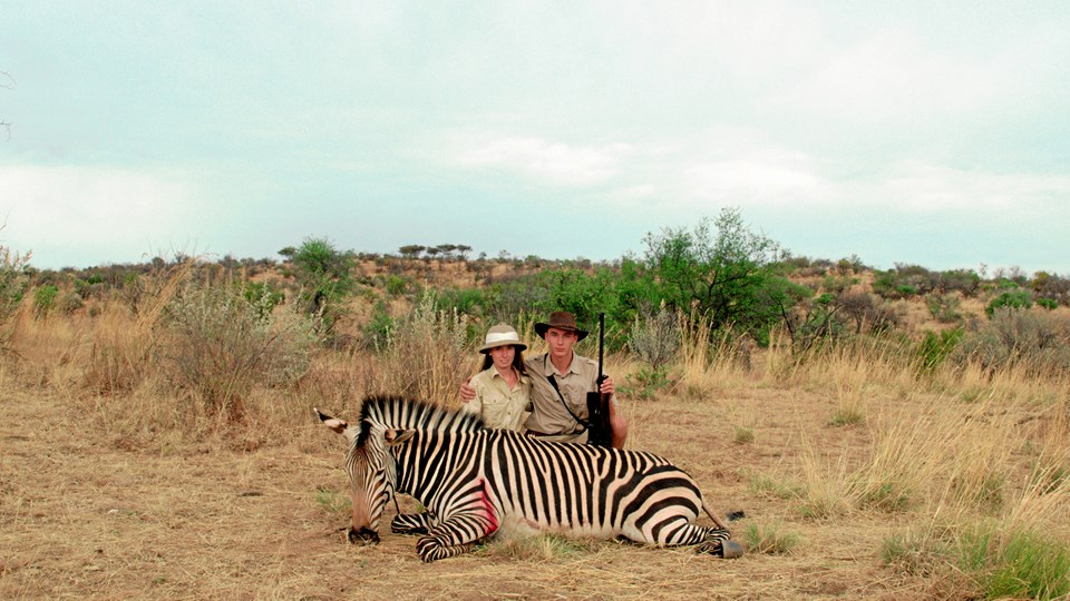 Først får Eva Hofmann ram på en zebra, siden rammer hendes mand, Gerald Eichinger, plet, da han skyder en giraf. Dorrit Gap Jensen