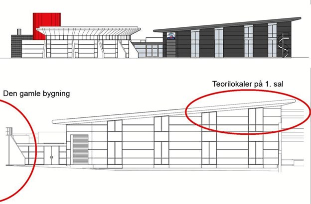 Skitse af den nye tilbygning, der ses til højre på tegningen. Hans Christensen