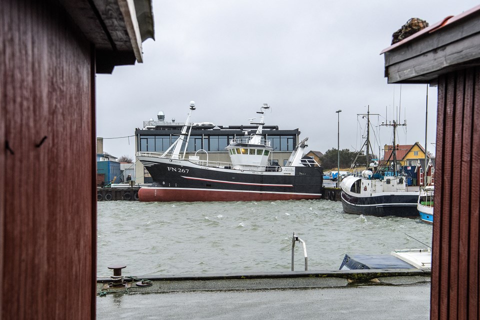 FN 267 Emilie ved kajen i Strandby Havn. Trawleren, der skal afleveres til april, er den første af tre nybygninger fra JOBI Værftet i Strandby, der alle er bestilt af lokale rederier. FN 267 Emilie er bestilt af skipper Ejnar Klitlund og sønnen Rasmus, der fra april skal fange tobis med den nye trawler. Hans Christensen og Peter Broen (foto)