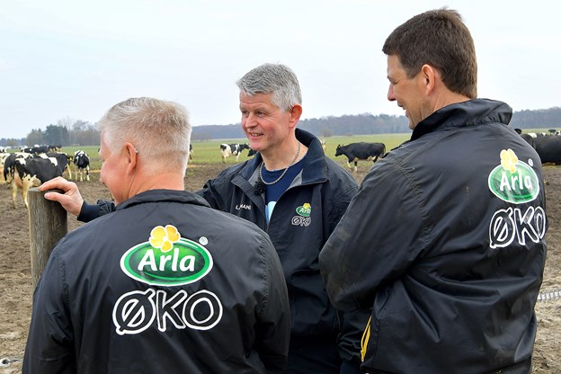 Per Nørgaard (i midten) var vært for Økodag for første gang, siden han omlagde sin malkeproduktion til økologi i 2016. Han var glad for det store fremmøde. Caspar Birk