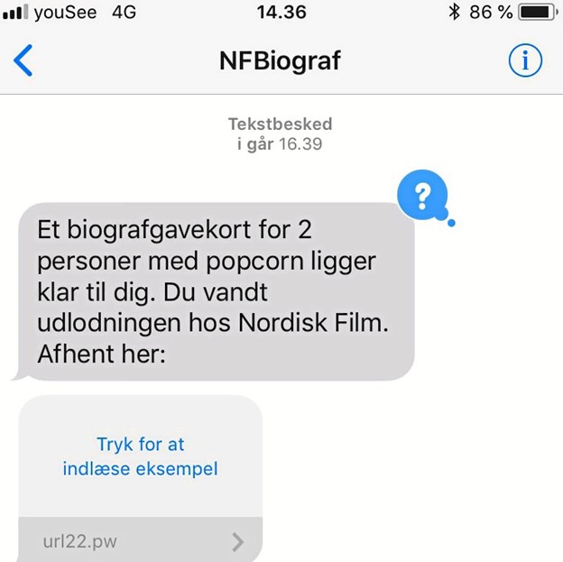 Denne sms til en kvinde i Frejlev foregiver at være fra ’NF Biograf’, men er svindel. Privatfoto Peter Witten