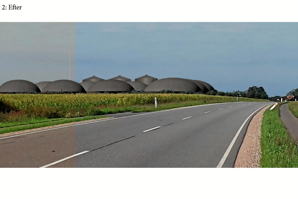 Vesthimmerland Biogas vil gerne opføre anlægget på Holmevej 98 - få hudrede meter fra Haubro. Derfor har kommunen lavet en fordebat - som nu har fået en del af Haubros indbyggere og nu beboerforeningen til at fare i blækhuset. Sådan kommer anlægget til at se ud fra Holmevej ifølge den visualiseringsplan, der er lagt frem ved fordebatten. Lasse Damsgaard